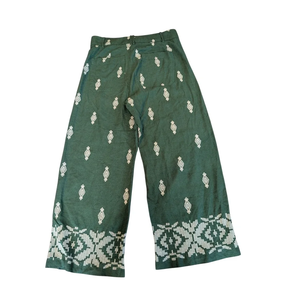 Zara Wide Leg Pants Green Embroidered Linen Blend Women's Size M Embroidered